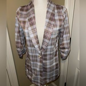 Altar'd State Jacket Womens Small Brown Plaid Knit Single Button Ruched Sleeve